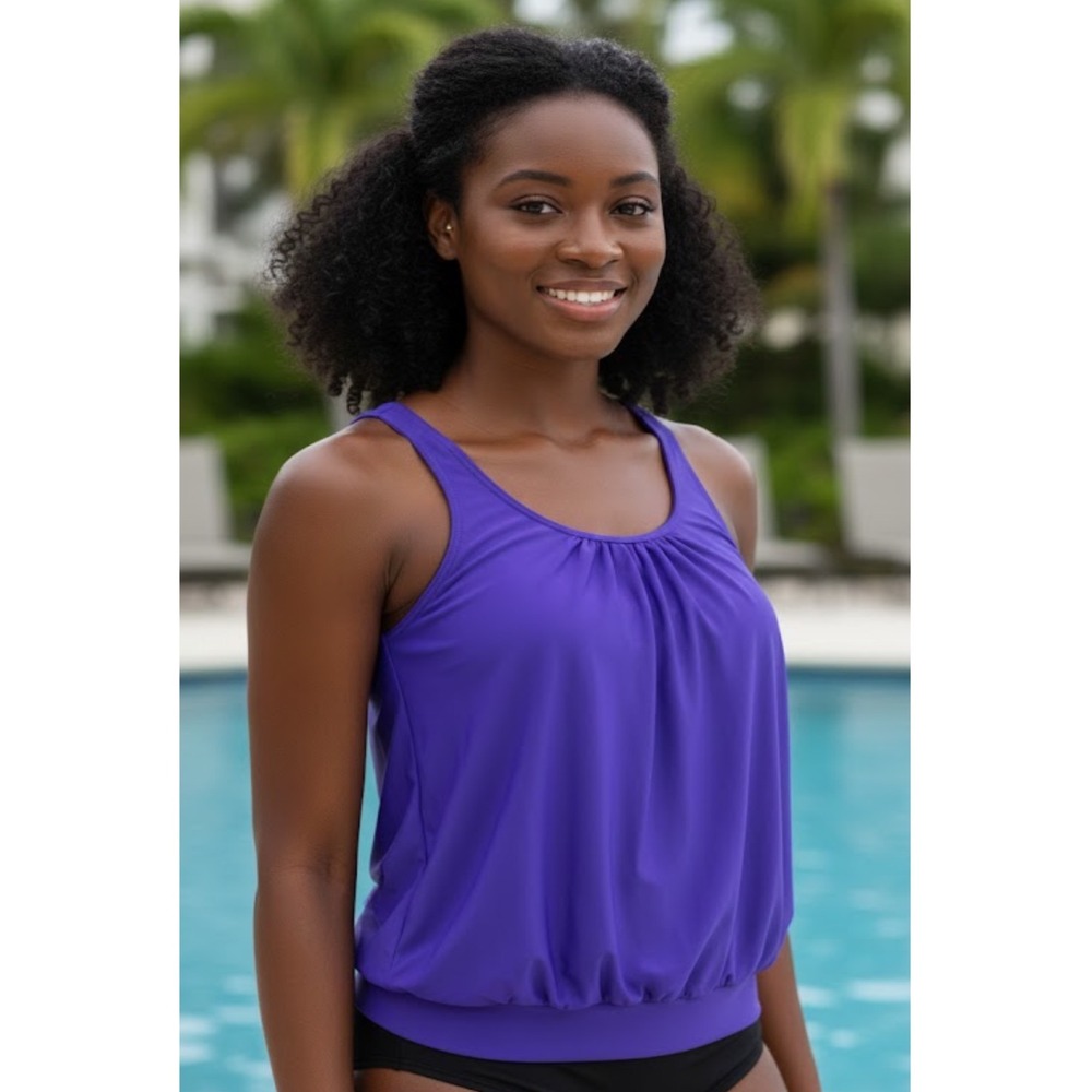 Purple Tankini Swim Top‎ Tummy Control Adjustable Straps Padded